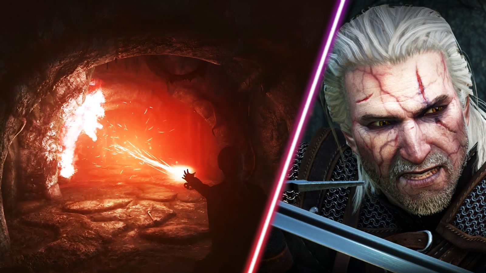 The Witcher 3's Geralt alongside a sign being cast in Skyrim.