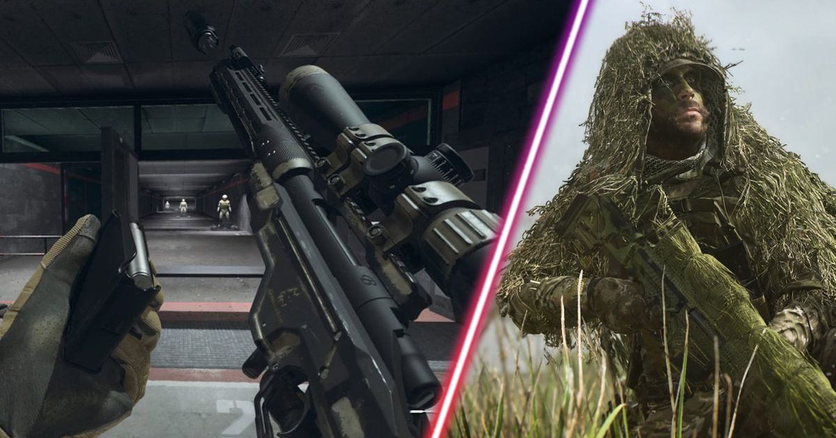 Screenshot of Warzone SP-X 80 in gunsmith and Warzone player holding a sniper rifle while wearing a ghillie suit
