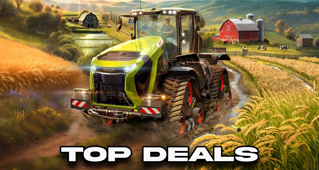 A green and black tractor from Farming Simulator 25 above "TOP DEALS" branding in white with a black outline.