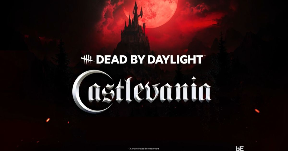 Dead by Daylight logo over a background image of a dark castle that sits proudly in front of a haunting, red moon.