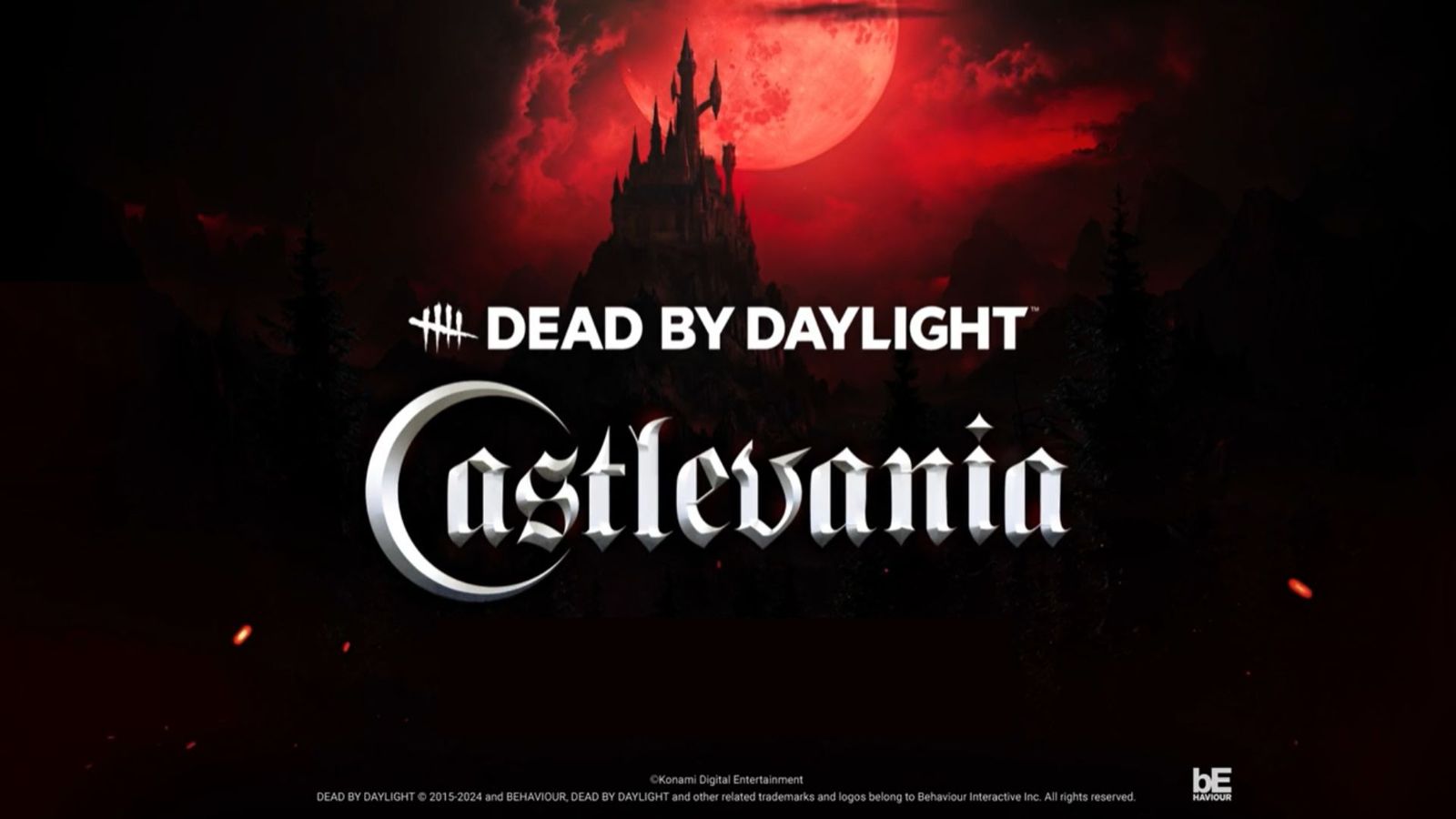 Dead by Daylight logo over a background image of a dark castle that sits proudly in front of a haunting, red moon.