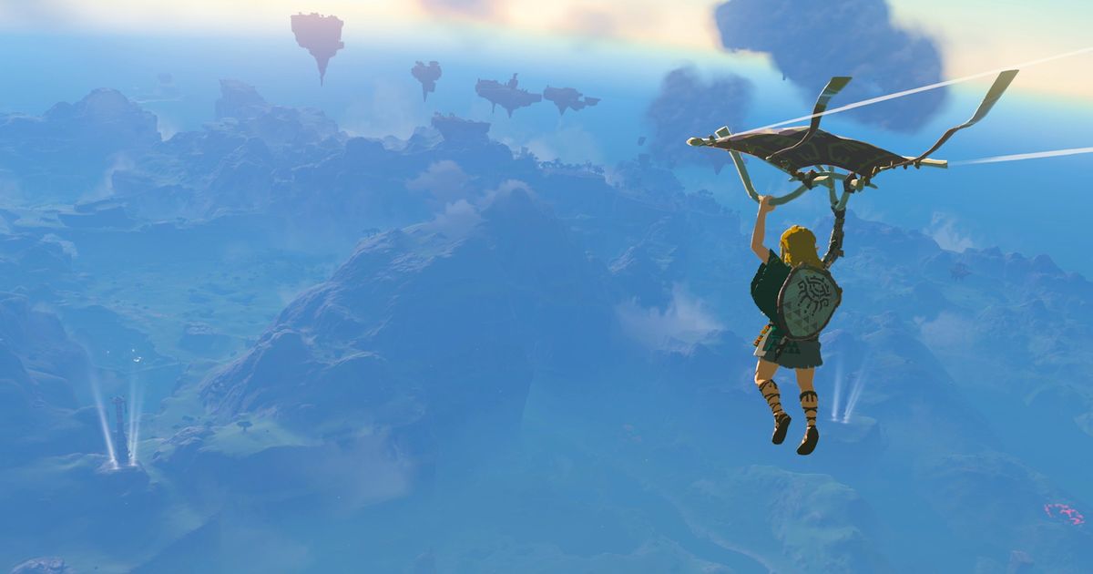 Link gliding across Hyrule in Zelda Tears of the Kingdom.