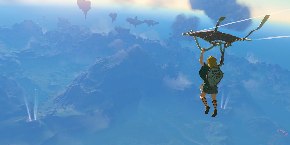 Link gliding across Hyrule in Zelda Tears of the Kingdom.