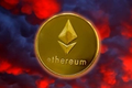 Image of Ethereum Coin against burning clouds.
