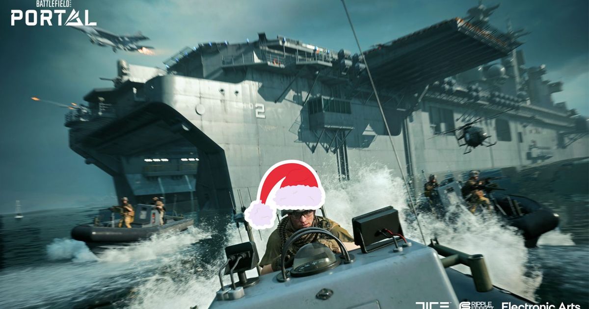 A Battlefield 2042 operator in a boat with a Santa hat crudely edited onto his head.