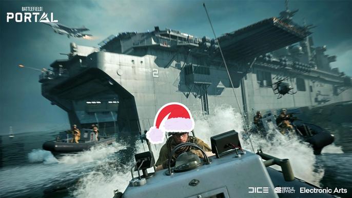 A Battlefield 2042 operator in a boat with a Santa hat crudely edited onto his head.
