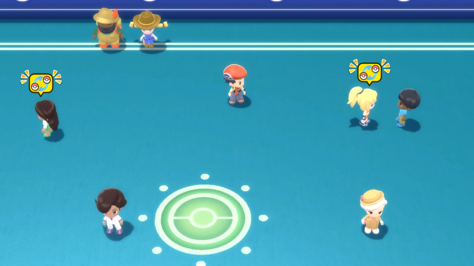 The multiplayer area downstairs in the Pokémon Centre, where Pokémon Trainers can battle and trade online in Pokémon Brilliant Diamond and Shining Pearl.