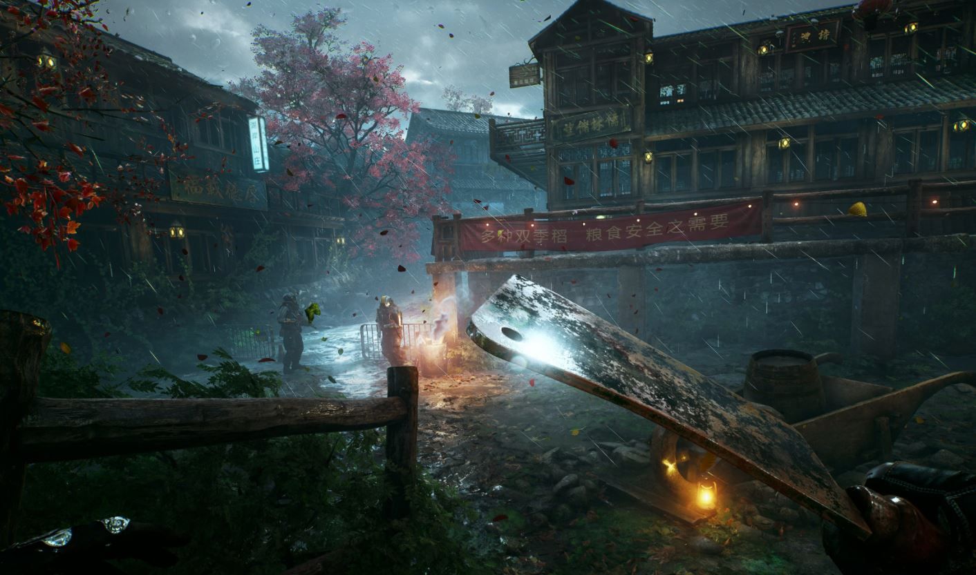 The image showcases a village environment with the player holding a meat cleaver.