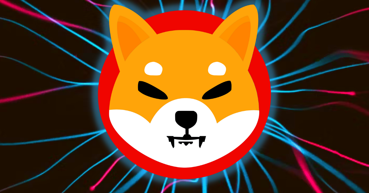 Shiba Inu Coin logo with blue and red lines coming out, on a black background