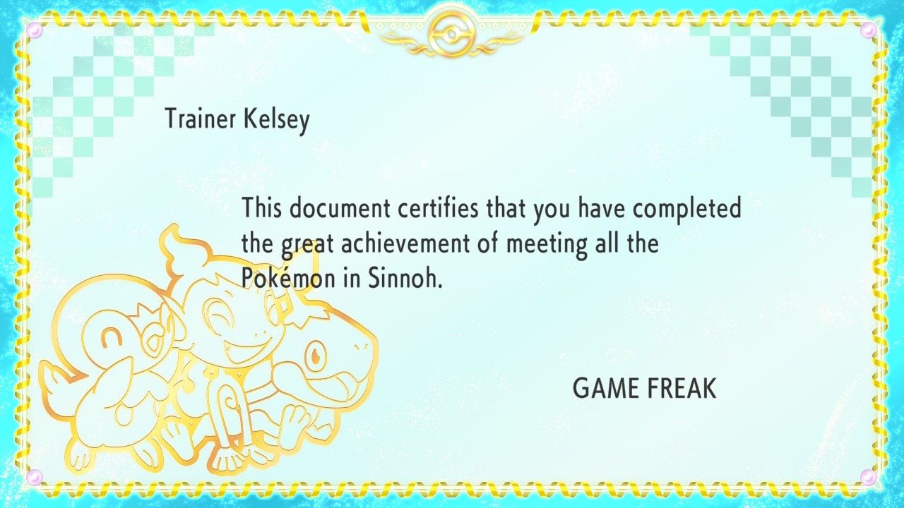 A certificate from the Game Director at Hotel Grand Lake Resort congratulating a player on seeing all the Pokémon of the Sinnoh Pokédex in Pokémon Brilliant Diamond and Shining Pearl.