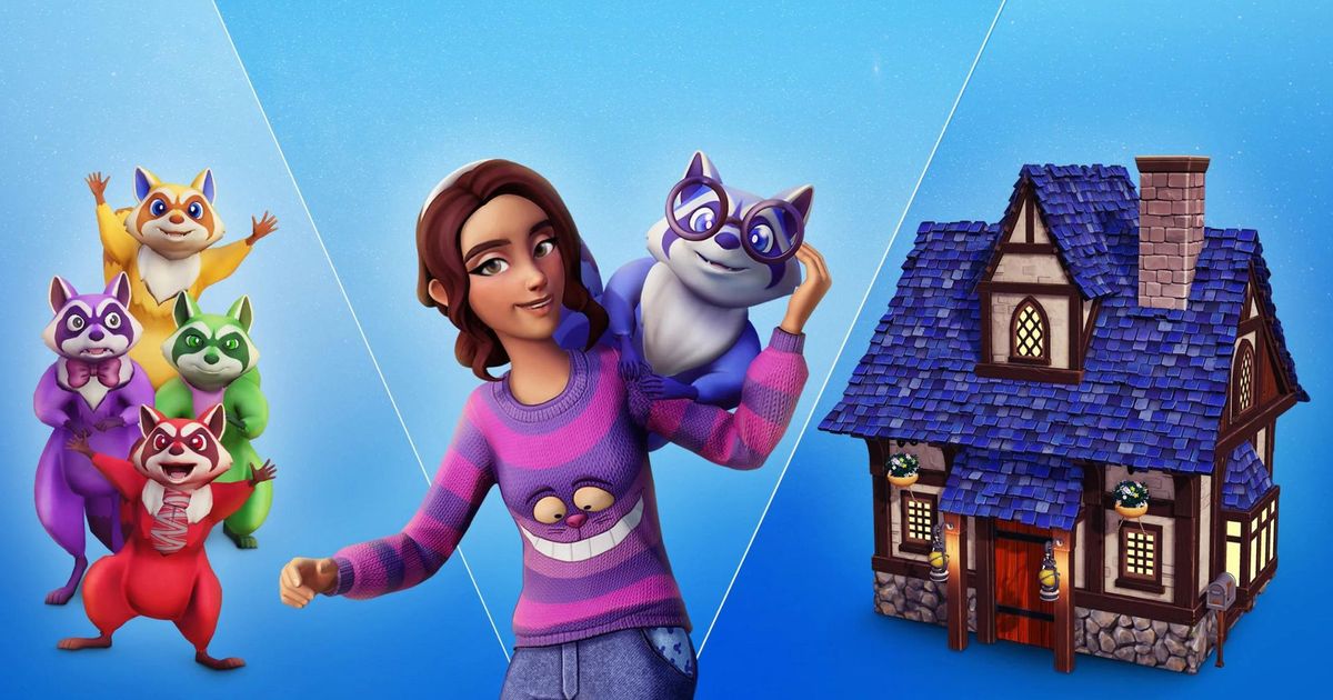 Five animal companions, an in-game avatar wearing a Cheshire Cat Sweater, and a Cottage House in Disney Dreamlight Valley