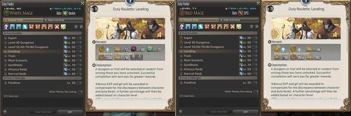 The FFXIV leveling roulette rewards difference between max level and non-max level characters.