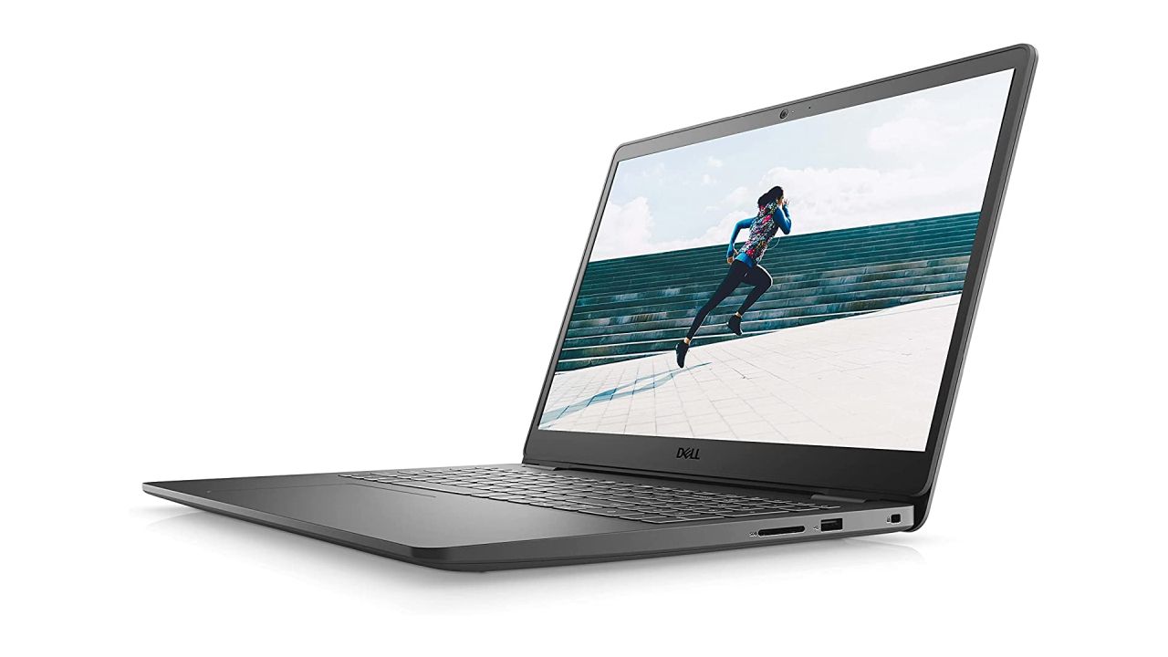 Dell Inspiron 15 3505 product image of a dark grey laptop with an image of someone running on the display.