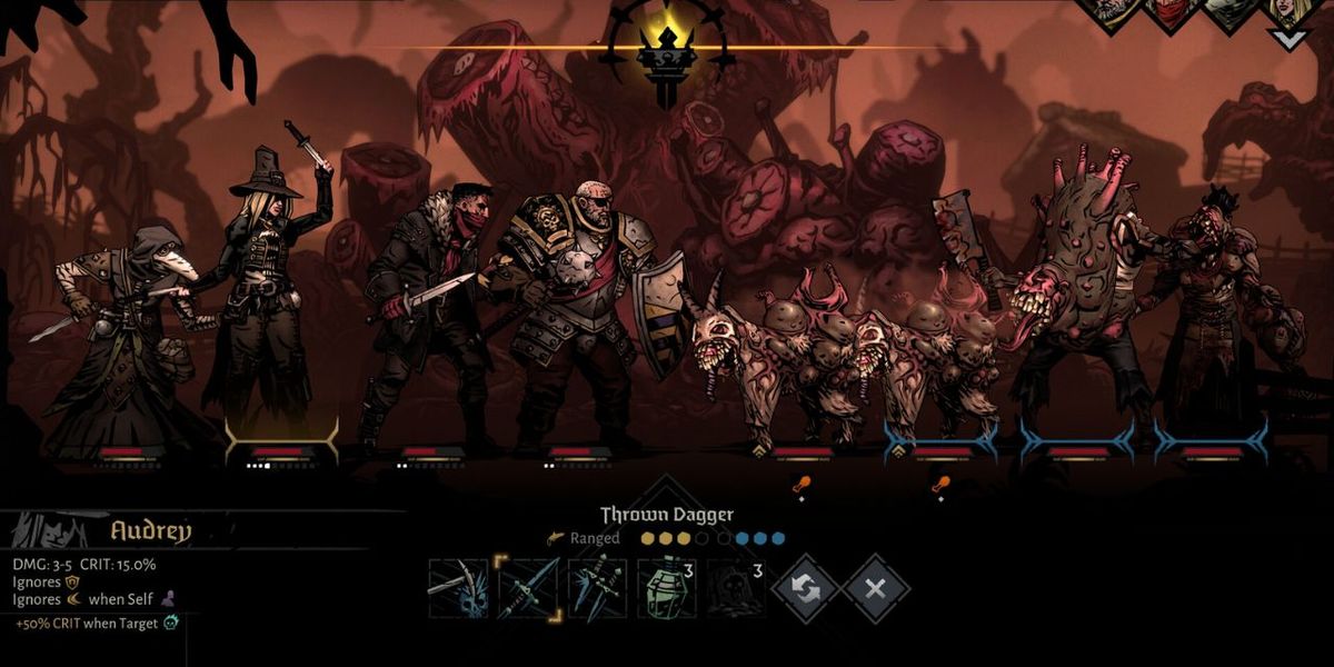 The characters are fighting with monsters in Darkest Dungeon 2.