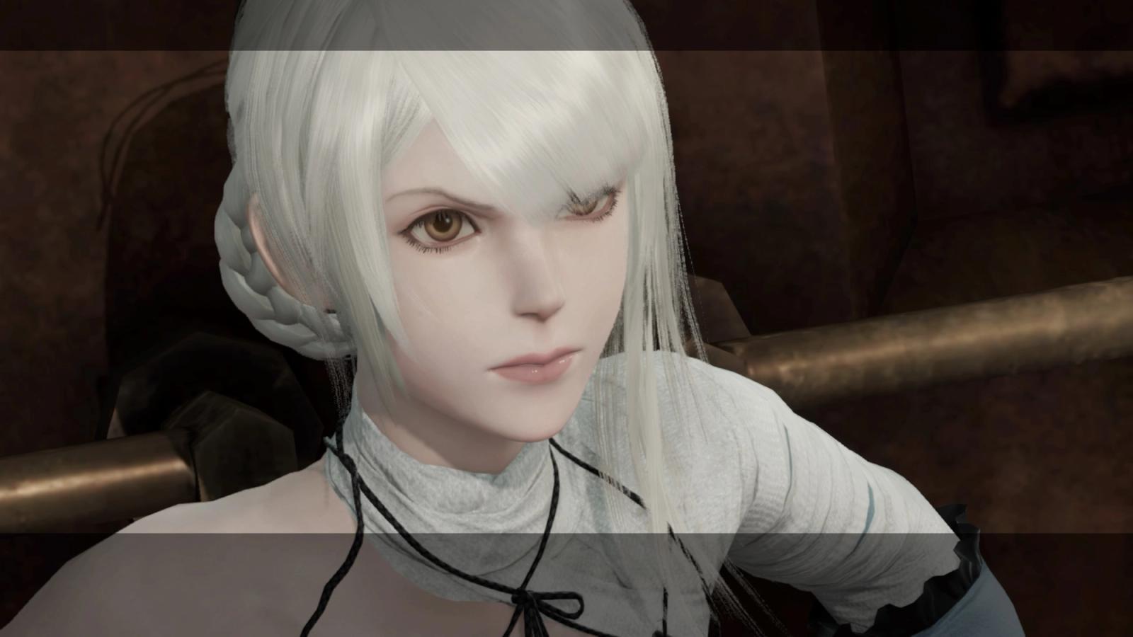 A screenshot from NieR Replicant showing a character backed up against a wall.