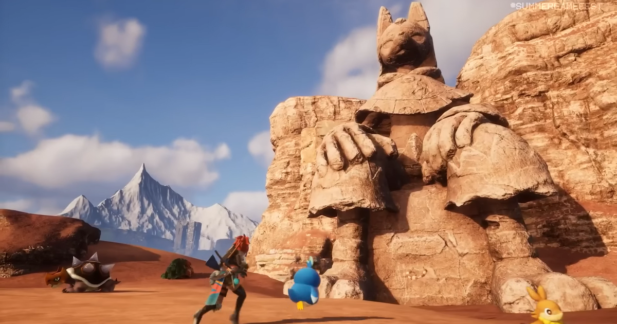 Player walking in a desert in front of a sand Pal Anubis.