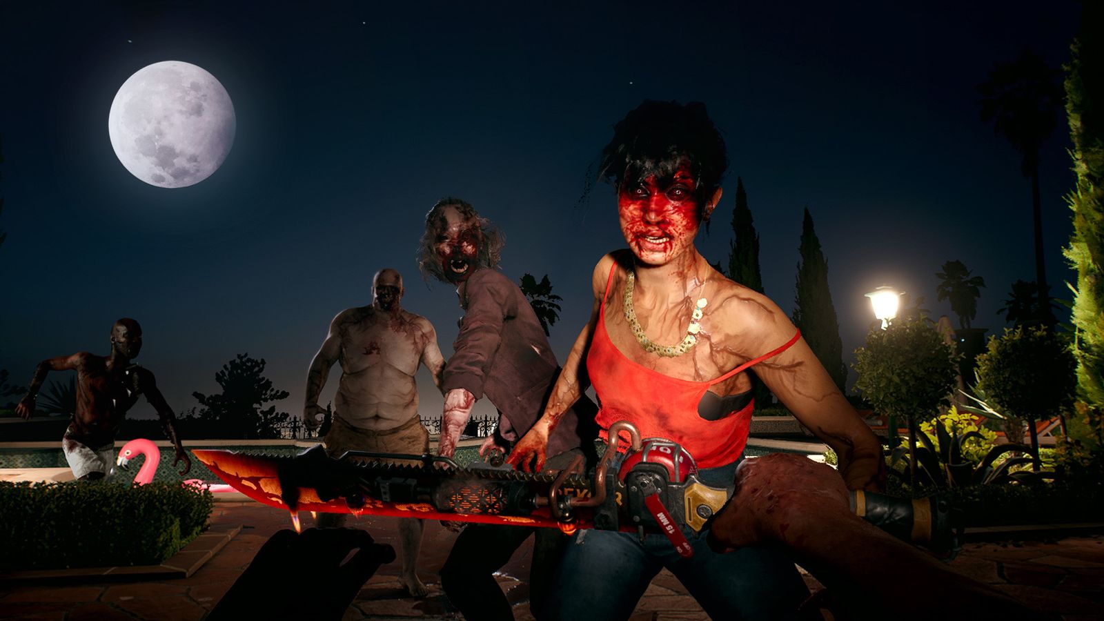 Dead Island 2 zombie in front of sword