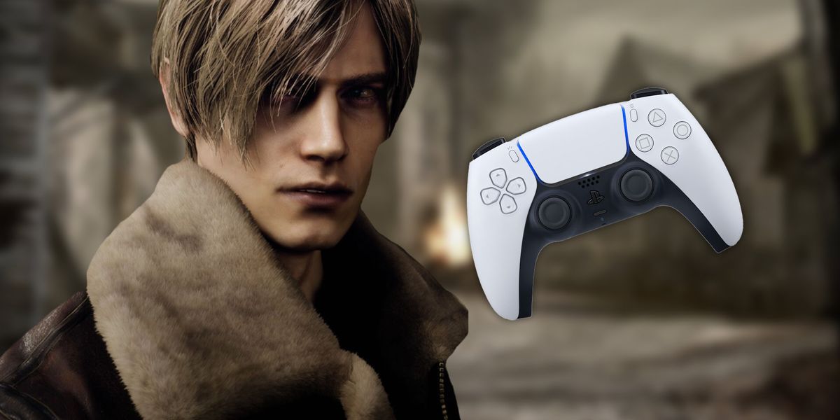 Leon S. Kennedy from Resident Evil 4 Remake next to a PS5 DualSense controller
