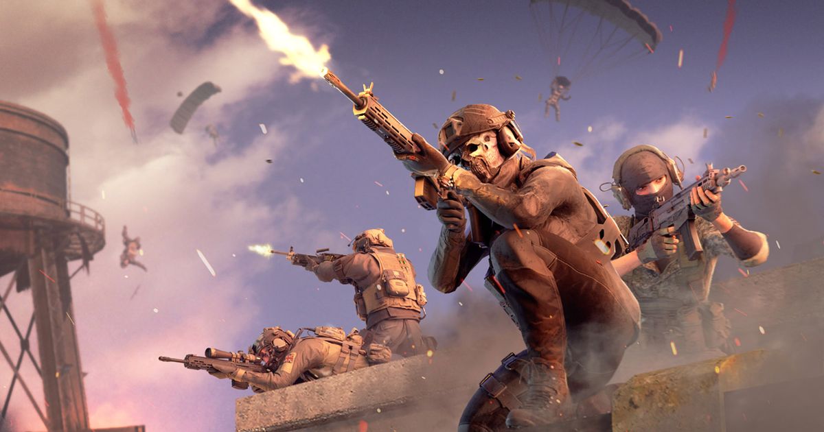 Warzone players firing guns at parachuting players on Rebirth Island map