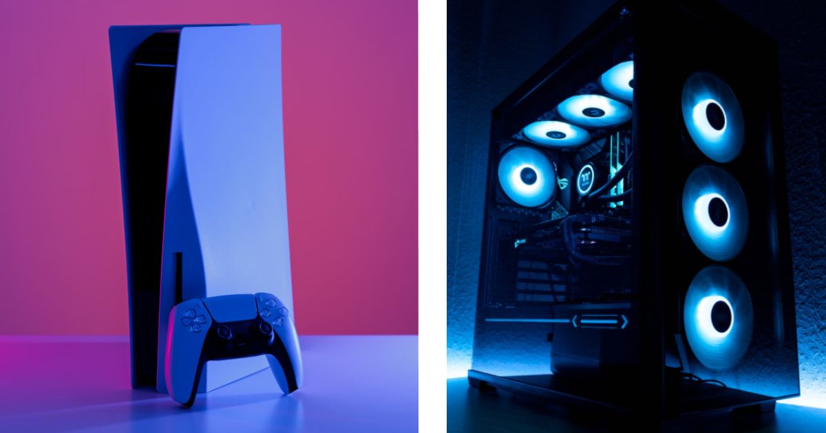 A white PS5 in a pink room on the left. On the right, a gaming PC with its internal components lit in blue.