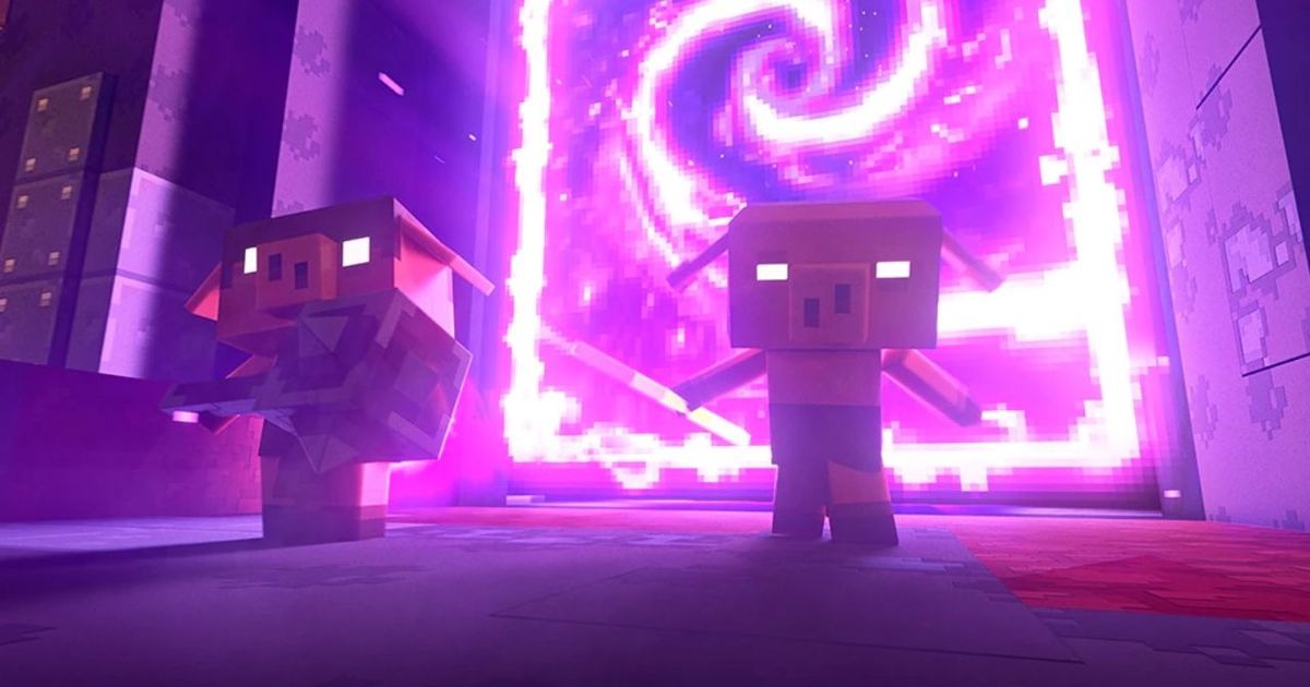 Minecraft Legends Piglins running through a portal.