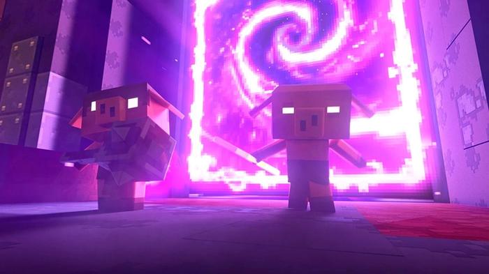 Piglins walking through a portal in Minecraft Legends.