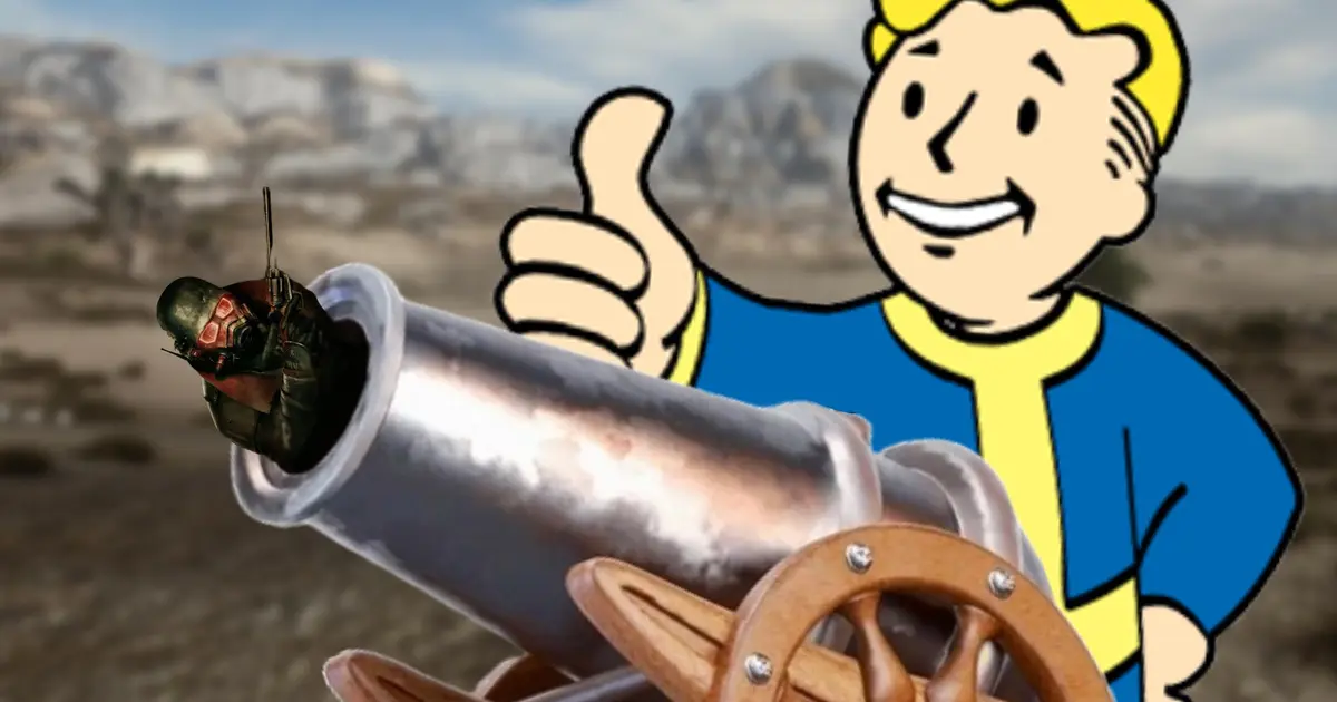 Fallout New Vegas’ courier inside a cannon while Vault Boy stands with his thumb up