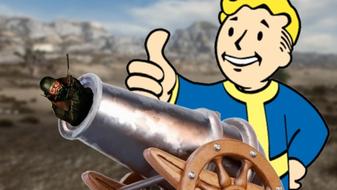 Fallout New Vegas’ courier inside a cannon while Vault Boy stands with his thumb up