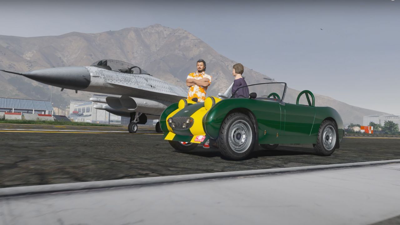 Two characters next to the car and plane