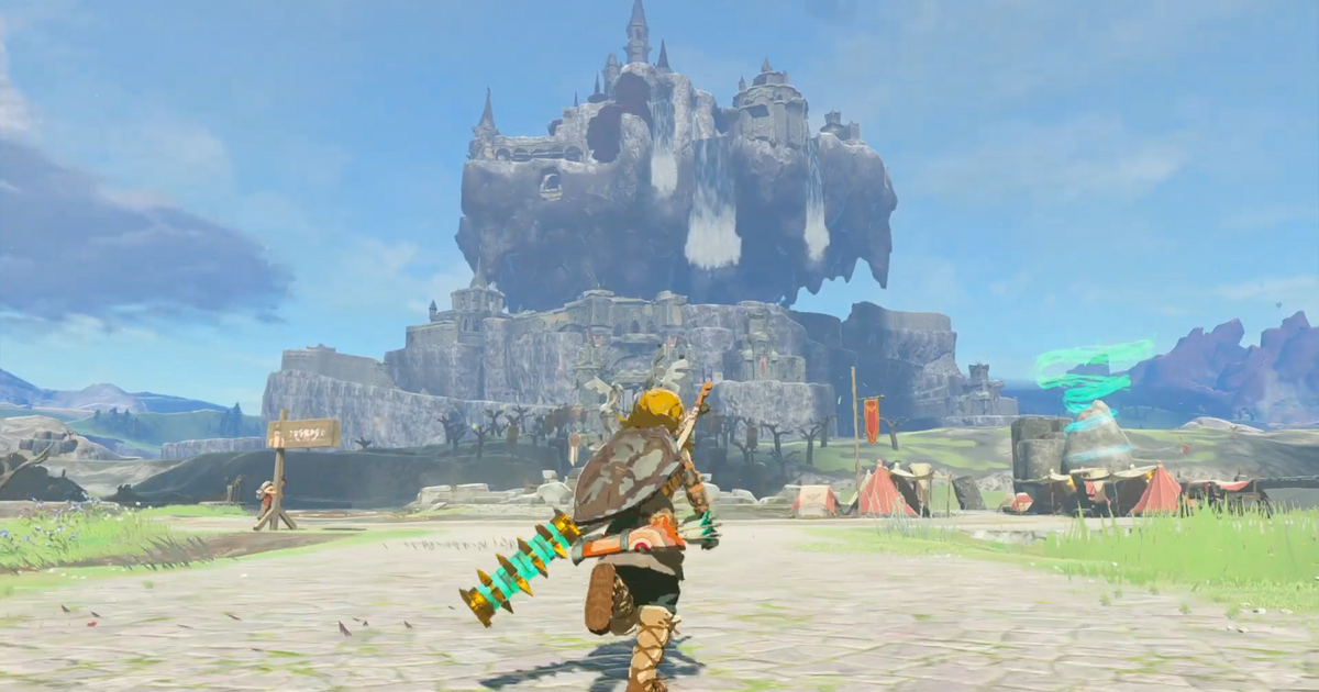 Zelda Tears of the Kingdom Link walking towards flying Hyrule Castle