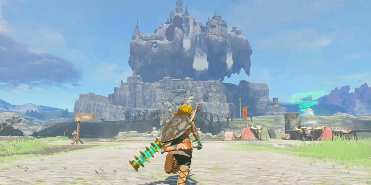 Zelda Tears of the Kingdom Link walking towards flying Hyrule Castle