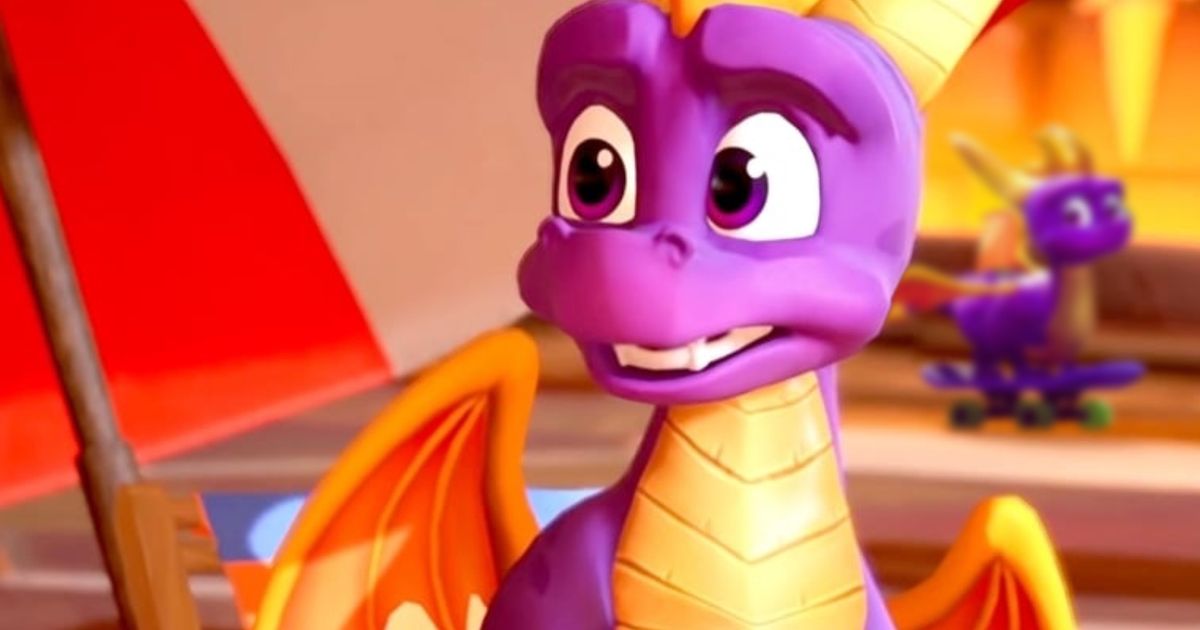 Spyro the Dragon surprised as a second Spyro skateboards past behind him 