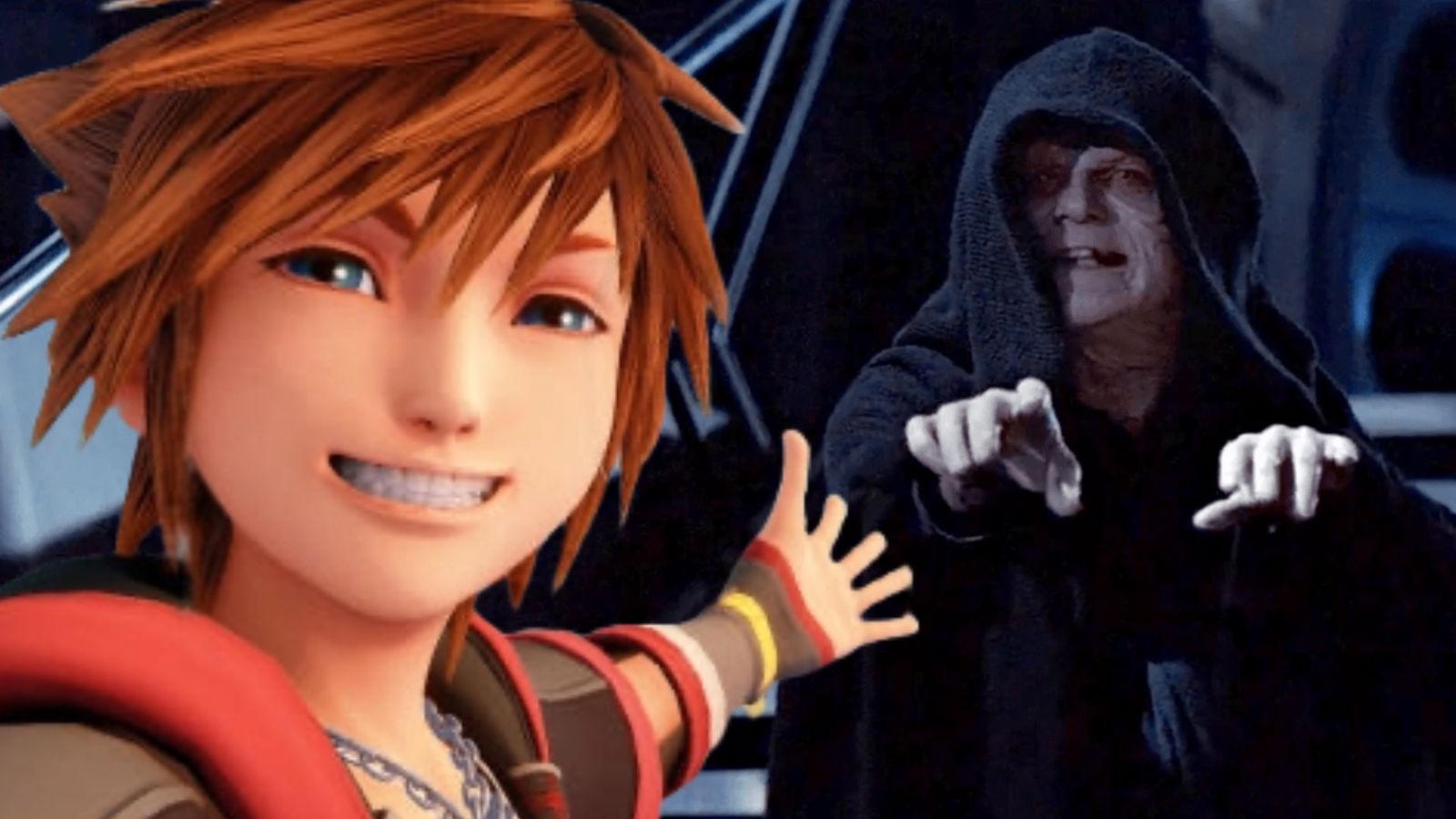 sora from kingdom hearts holding his hand out to Star Wars’ Emperor Palpatine 