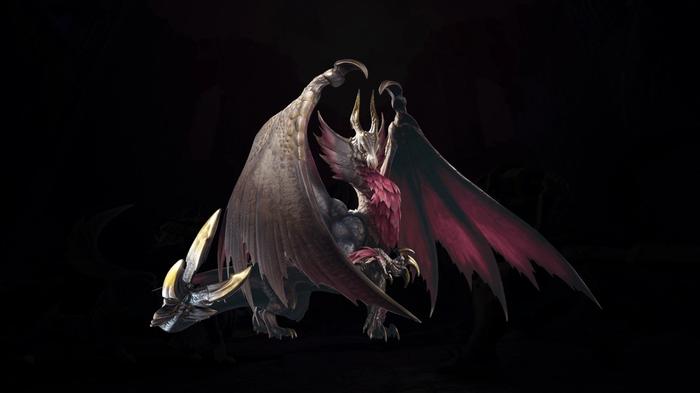 Malzeno, the new monster being added as part of Monster Hunter Sunbreak. It's a red Elder Dragon, with large wings and a spiked tail.