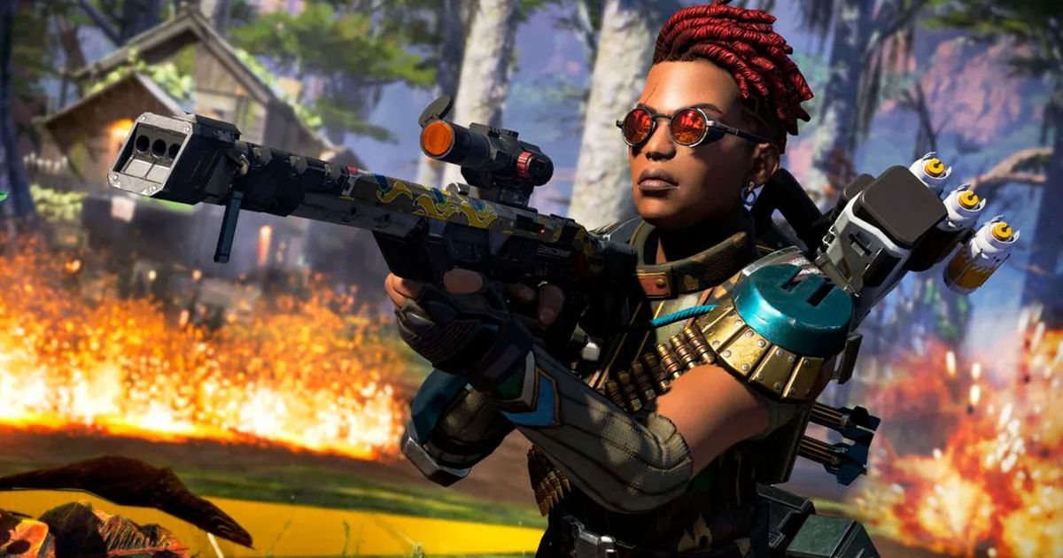 Screenshot of Apex Legends player holding rifle with explosions in the background