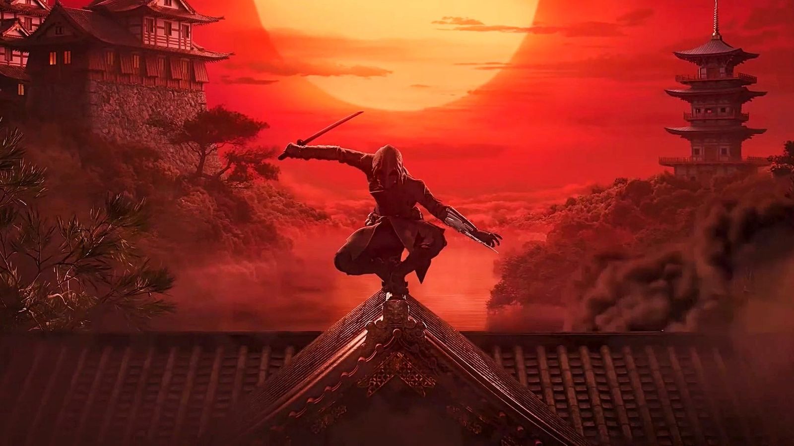 Assassin's Creed Shadows keyart showing a Samurai balancing on an Japanese house