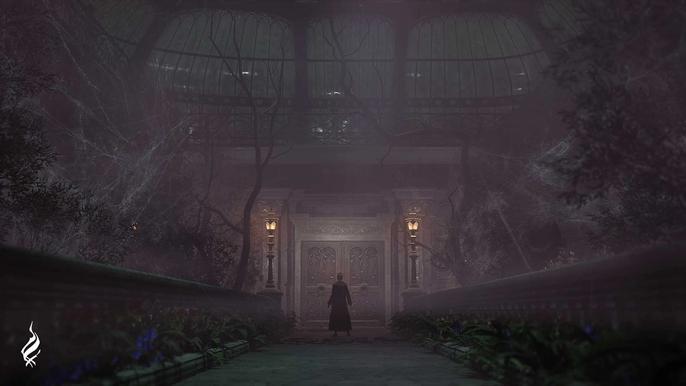 A Hogwarts Legacy character walking through a dark outside corridor.