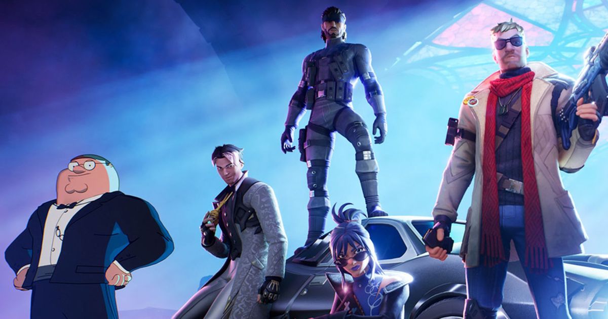 Fortnite characters standing next to car on pale blue and purple background