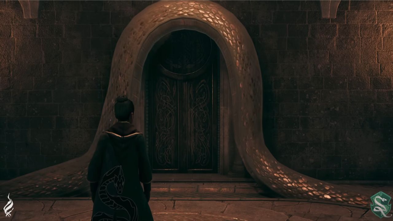 A character next to a door in Hogwarts Legacy.