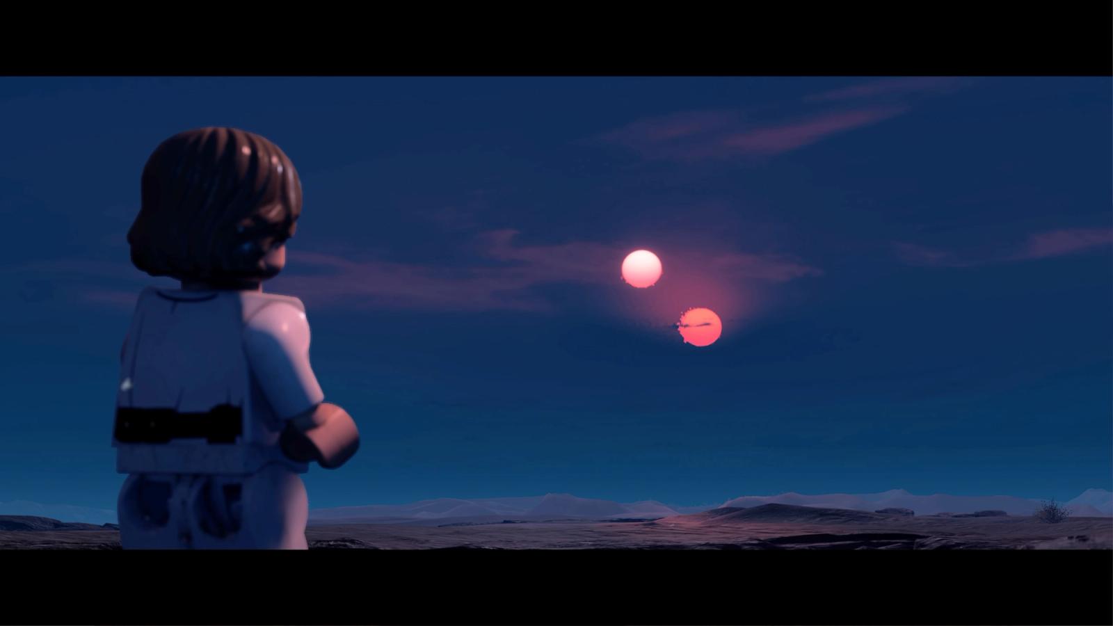 Luke looks at the moons of Tatooine in Lego Star Wars: The Skywalker Saga.