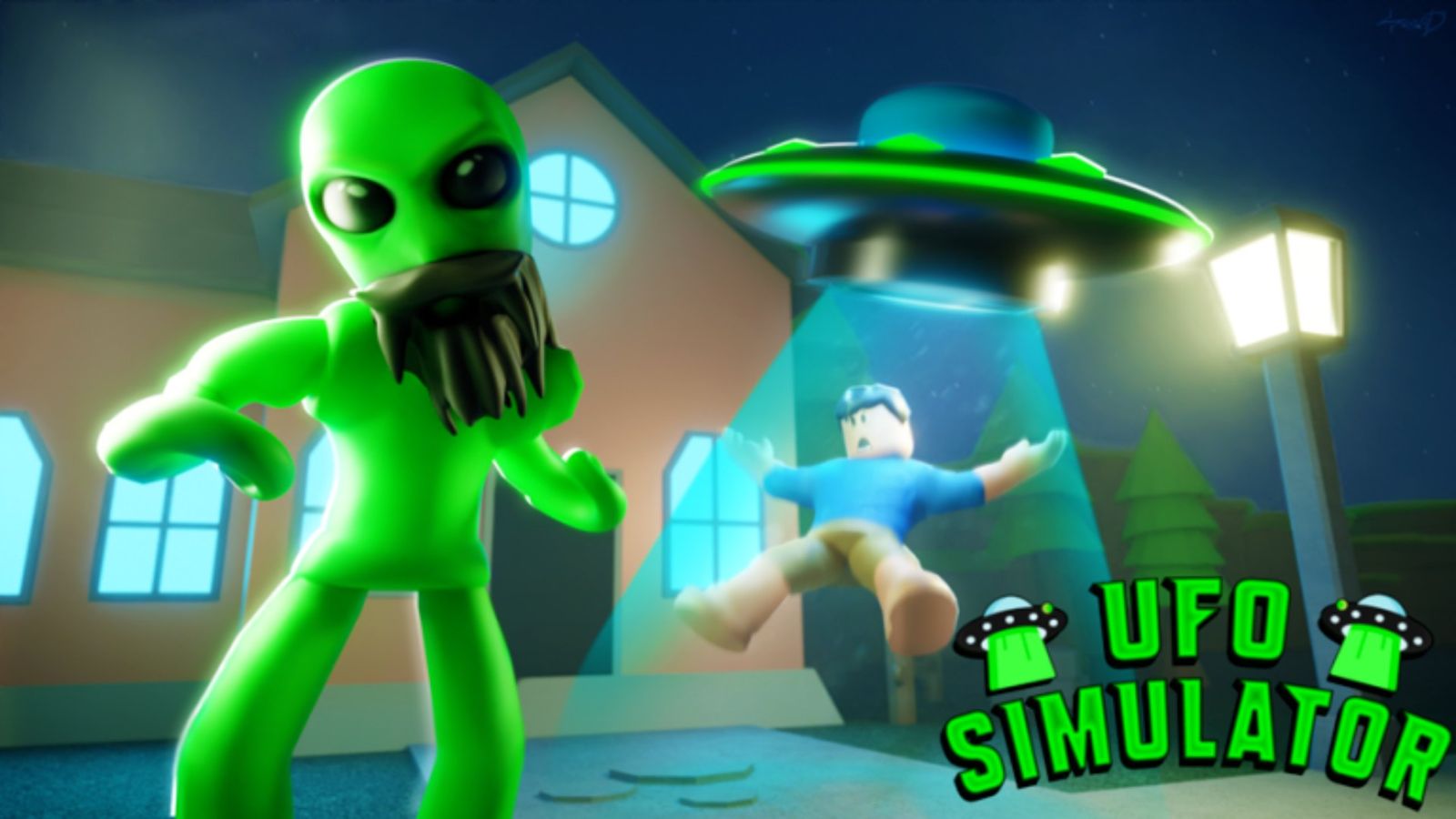 An alien in front of a spaceship abducting a man.