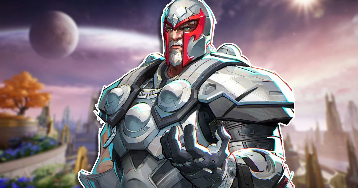 Magneto from Marvel Rivals posing with his left arm raised and hand aggressively outstretched, placed above a blurred image of the Asgard map.