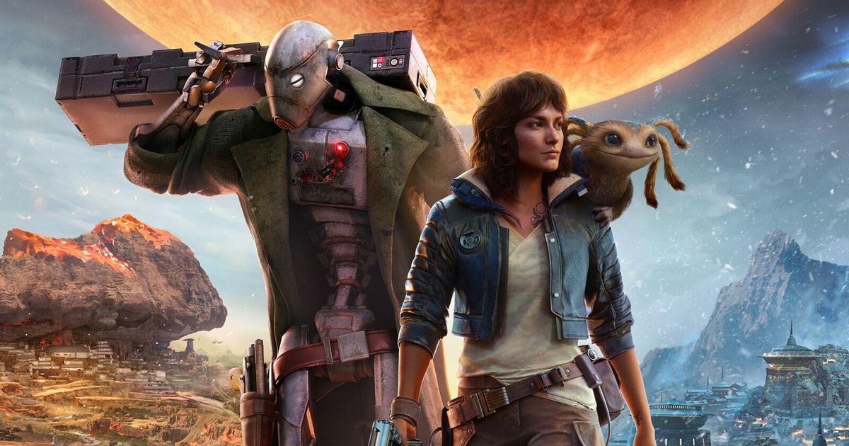 promotional image for Star Wars Outlaws, showing Kay Vess, Nix, and ND-5