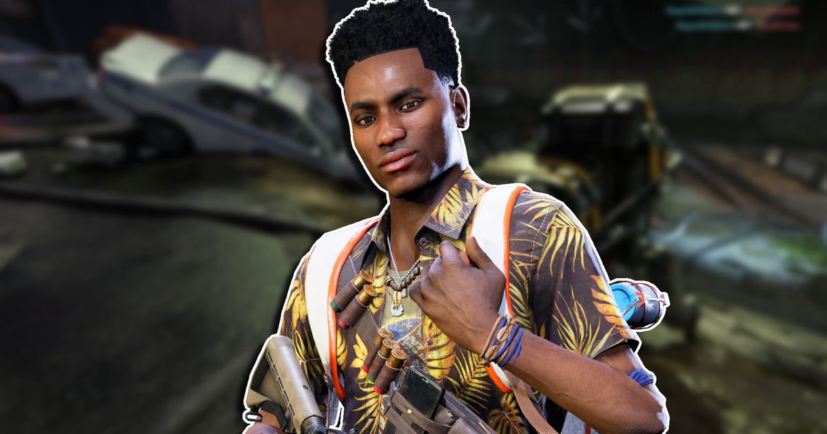 A close-up of a masculine character with a smirk while holding a weapon across their body with their right hand as they grab their backpack strap with their left hand. This character is placed against a blurred background of gameplay showing a payload next to a crashed car in a city street.