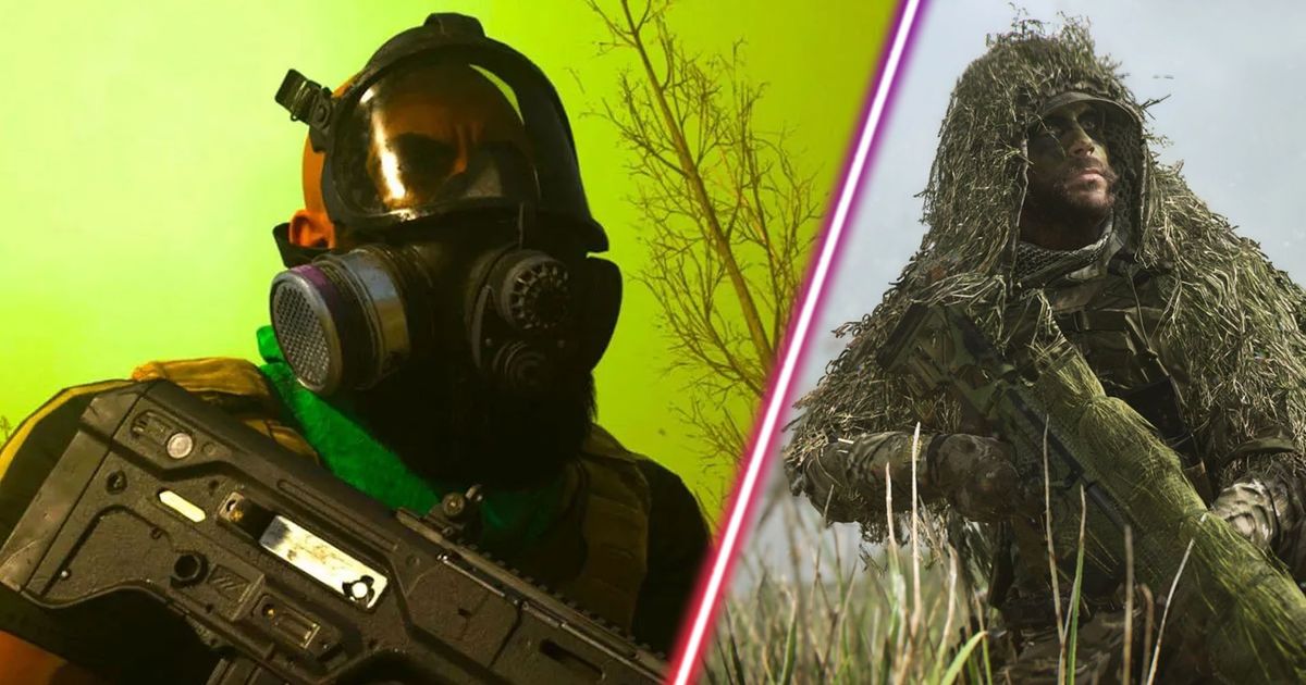 Screenshot of Warzone 2 player wearing gas mask and Warzone 2 player holding a sniper rifle while wearing a ghillie suit