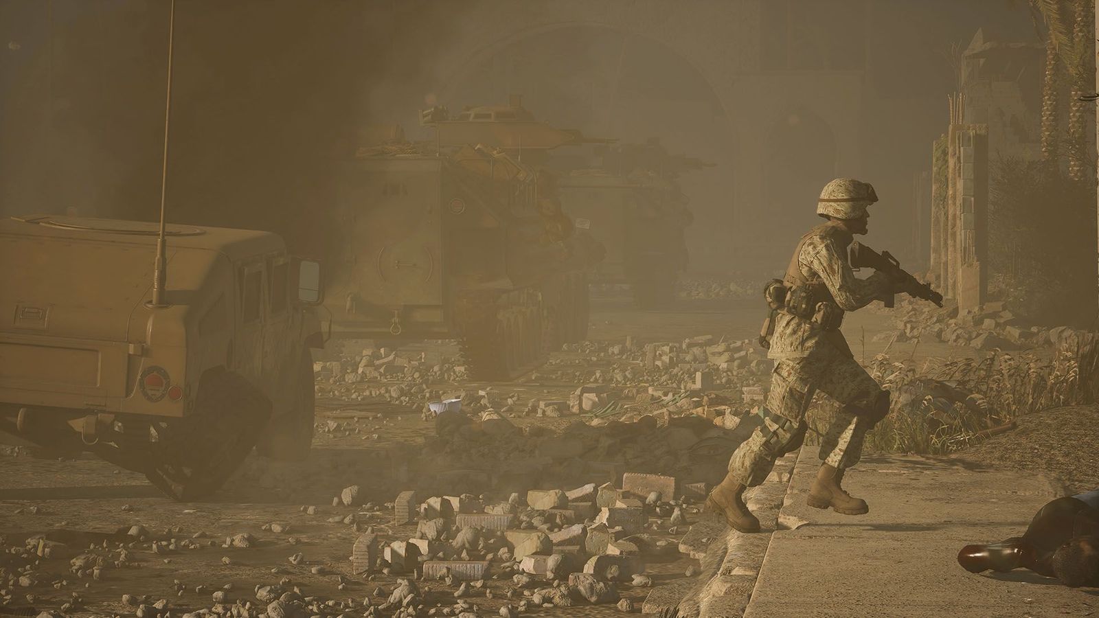 A screenshot from the video game Six Days in Fallujah. A U.S. Marine with M16 in hand steps off a rumble-strewn road where a humvee sits.