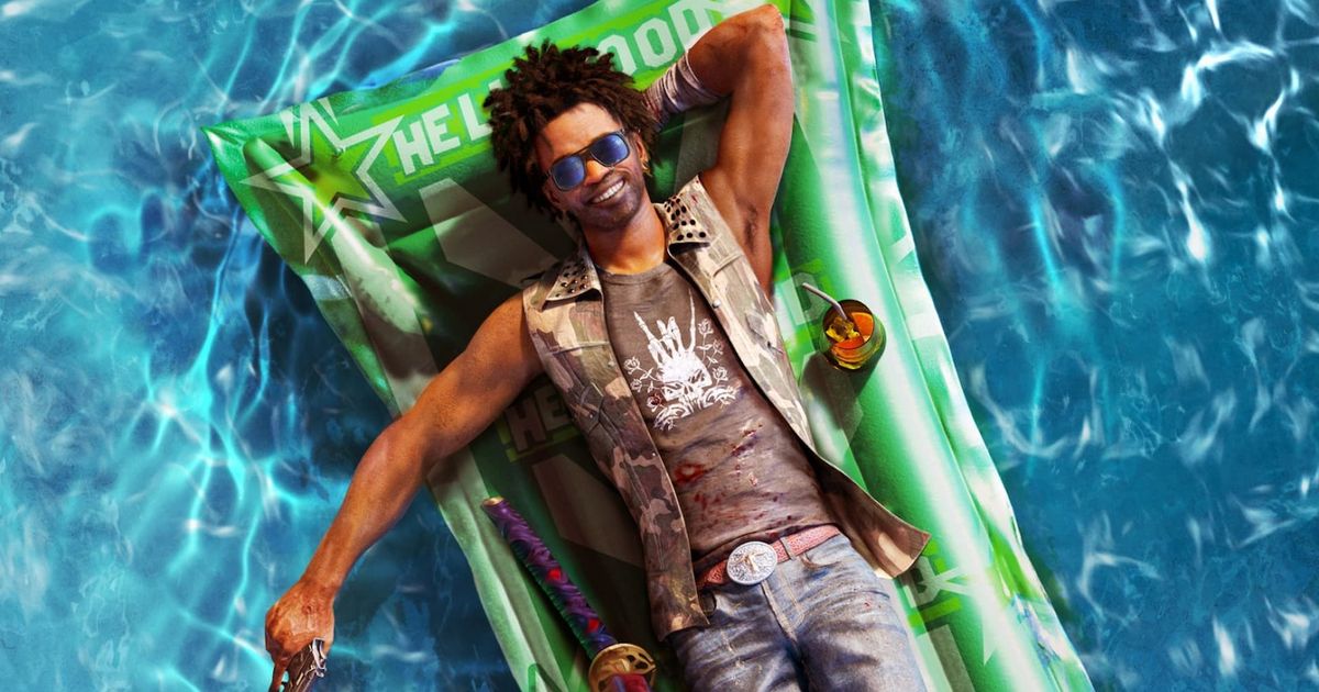The Dead Island 2 mascot floating in a pool.