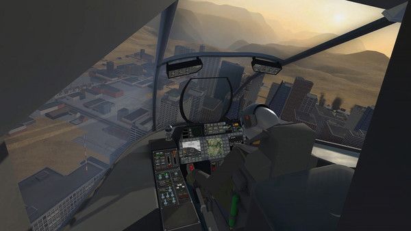 A first person shot inside a helicopter flying over a city.
