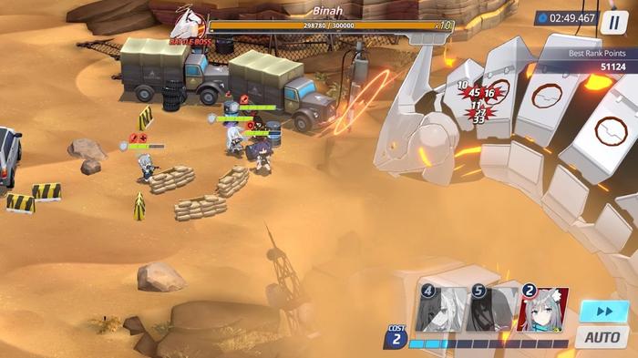 Screenshot from Blue Archive, showing a 2.5D top-down battle sequence against a robot serpent