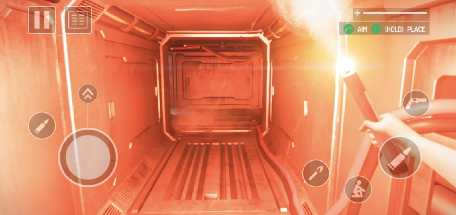 Walking through a vent with a flare in Alien: Isolation Mobile.